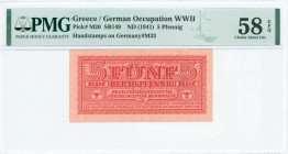 GREECE: 5 Reichpfennig (ND 1944) in dark red with eagle with small swastika in unpt at center. Wermacht notes of German armed forces handstamped in Th...