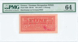 GREECE: 5 Reichpfennig (ND 1944) in dark red with eagle with small swastika in unpt at center. Wermacht notes of German armed forces handstamped in Th...