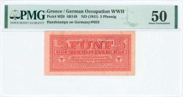 GREECE: 5 Reichpfennig (ND 1944) in dark red with eagle with small swastika in unpt at center. Wermacht notes of German armed forces handstamped in Th...