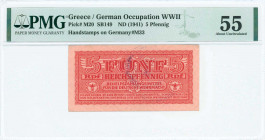 GREECE: 5 Reichpfennig (ND 1944) in dark red with eagle with small swastika in unpt at center. Wermacht notes of German armed forces handstamped in Th...