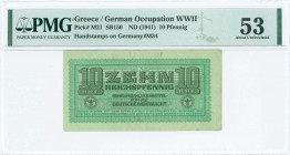 GREECE: 10 Reichpfennig (ND 1944) in light green with eagle with small swastika in unpt at center. Wermacht notes of German armed forces handstamped i...