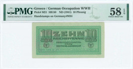 GREECE: 10 Reichpfennig (ND 1944) in light green with eagle with small swastika in unpt at center. Wermacht notes of German armed forces handstamped i...