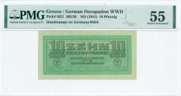 GREECE: 10 Reichpfennig (ND 1944) in light green with eagle with small swastika in unpt at center. Wermacht notes of German armed forces handstamped i...