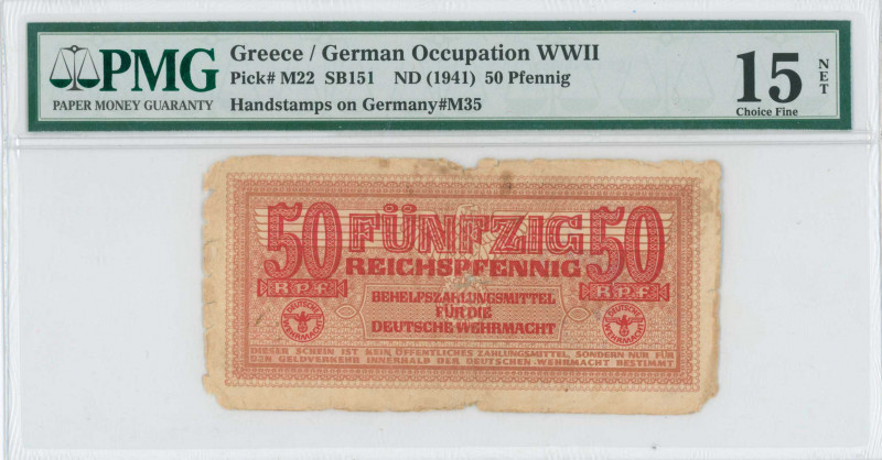 GREECE: 50 Reichspfennig (ND 1944) in dark red on orange unpt with eagle with sm...