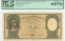 GREECE: 1000 Drachmas (ND 1941) in dark brown on light brown unpt with David of Michael Angelo at left. S/N: "0001 657990". WMK: Goddess Athena and cu...