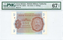 GREECE: 5 Shilings (1944 circulated in Greece) in brown on blue and green unpt with Coat of Arms of the British army at right. Block "R" (Greece). Ins...