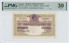 GREECE: 10 Shillings (6.10.1947) in maroon on pink and olive unpt with portrait of King George VI at top center. S/N: "F/6 279781". Printed by TDLR. I...