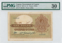 GREECE: 1 Pound (22.1.1943) in brown on green unpt with portrait of King George VI at upper right. S/N: "F/7 025193". Printed by TDLR. WMK: Griffin. I...