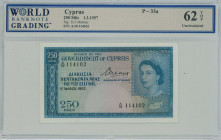 GREECE: 250 Mils (1.3.1957) in blue on multicolor unpt with portrait of Queen Elizabeth II at right. S/N: "A/10 114102". Inside holder by WBG "Uncircu...