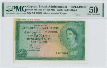 GREECE: Specimen of 500 Mils (1.6.1955) in green on multicolor unpt with portrait of Queen Elizabeth II at right. S/N: "A/1 000000". Perfins "SPECIMEN...