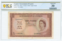 GREECE: 1 Pound (1.6.1955) in brown on multicolor unpt with portrait of Queen Elizabeth II at right and map at lower right. S/N: "A/2 058003". WMK: Ea...