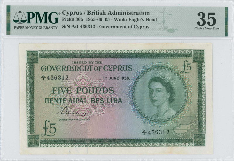 GREECE: 5 Pounds (1.6.1955) in green on multicolor unpt with portrait of Queen E...