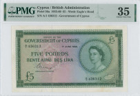 GREECE: 5 Pounds (1.6.1955) in green on multicolor unpt with portrait of Queen Elizabeth II at right and map at lower right. S/N: "A/1 436312". WMK: E...