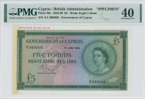 GREECE: Specimen of 5 Pounds (1.6.1955) in green on multicolor unpt with portrait of Queen Elizabeth II at right. S/N: "A/1 000000". Perfins "SPECIMEN...