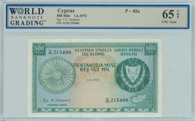GREECE: 500 Mils (1.6.1972) in green on multicolor unpt with Arms at right. S/N:...
