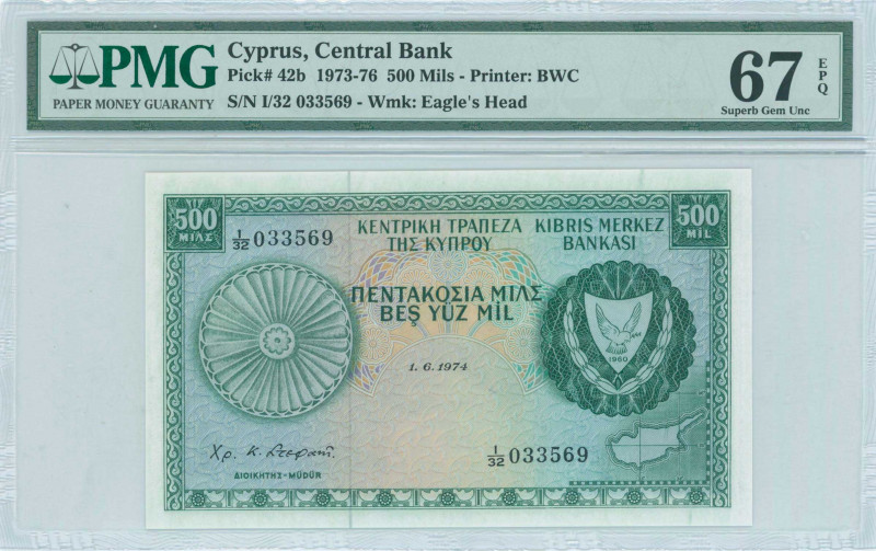 GREECE: 500 Mils (1.6.1974) in green on multicolor unpt with Arms at right. S/N:...