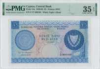 GREECE: 5 Pounds (1.9.1967) in blue on multicolor unpt with Arms at right. S/N: "C/17 366189". WMK: Eagle head. Printed by (BWC). Inside holder by PMG...
