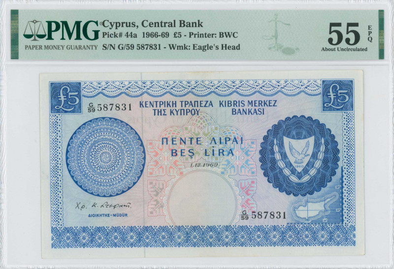GREECE: 5 Pounds (1.12.1969) in blue on multicolor unpt with Arms at right. S/N:...