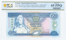 GREECE: 20 Pounds (1.2.1992) in deep blue on multicolor unpt with bust of Aphrodite at left. S/N: "B019449". Variety: Printing error no dot over "i" i...