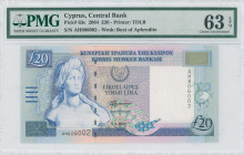 GREECE: 20 Pounds (1.4.2004) in deep blue on multicolor unpt with Bust of Aphrodite at left. S/N: "AH 806002". WMK: Bust of Aphrodite. Printed by (TDL...