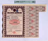 GREECE: "BANK OF THESSALONIKI" bond certificate for 1 share (No. 081423) of 8,29 Lira, issued in Constantinople on 1934. With 22 coupons attached. Ins...