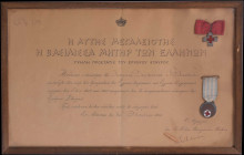 GREECE: Hellenic Red Cross. Commemorative medals of the Balkan wars (1912-1913). With full original ribbons. Attached on official diploma of award tha...