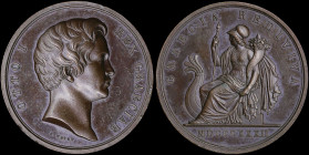 GREECE: Bronze medal (1832 dated) commemorating the accession of Otto to the throne with head of King Otto facing right. The richly draped Hellas with...