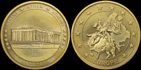 GREECE: Gilt commemorative medal (2009) with view of the Acropolis of Athens on obverse. Personification of Europe riding the bull with map of Europe ...