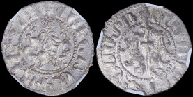 ARMENIA: 1 Tram (1198-1219) in silver with Levon I enthroned, holding cruciger and lis. Two lions rampant back-to-back, each with head reverted on rev...