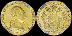 AUSTRIA: 1 Ducat (1824 V) in gold (0,986) with laureate bust of Franz II facing right. Crowned imperial double-headed eagle on reverse. Inside slab by...