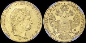 AUSTRIA: 1 Ducat (1847 B) in gold (0,986) with head of Ferdinand I facing right. Crowned imperial double-headed eagle on reverse. Inside slab by NGC "...