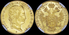 AUSTRIA: 1 Ducat (1848 A) in gold (0,986) with laureate bust of Ferdinand I facing right. Crowned imperial double eagle on reverse. Inside slab by NGC...