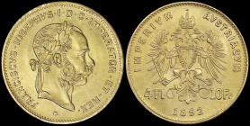 AUSTRIA: Restrike of 4 Florin (10 Francs) (1892) in gold (0,900) with laureate head of Franz Joseph I facing right. Crowned imperial double-headed eag...