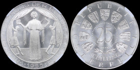 AUSTRIA: 25 Schilling (1955) in silver (0,800) commemorating the reopening of the National Theater in Vienna with value within beaded circle surroundi...