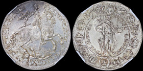 AUSTRIA: Restrike (1963) of 2 Ducat (1642) in silver (0,900) with Archduke Ferdinand Carol on horseback. St Leopold standing holding church and banner...