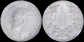 BULGARIA: 1 Lev (1891 KB) in silver (0,835) with head of Ferdinand I facing left. Denomination within wreath on reverse. Inside slab by NGC "MS 63". T...