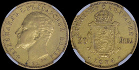 BULGARIA: 20 Leva (1894 KB) in gold (0,900) with head of Ferdinand I facing left. Crowned ornate Arms on reverse. Inside slab by NGC "AU 50". Cert num...