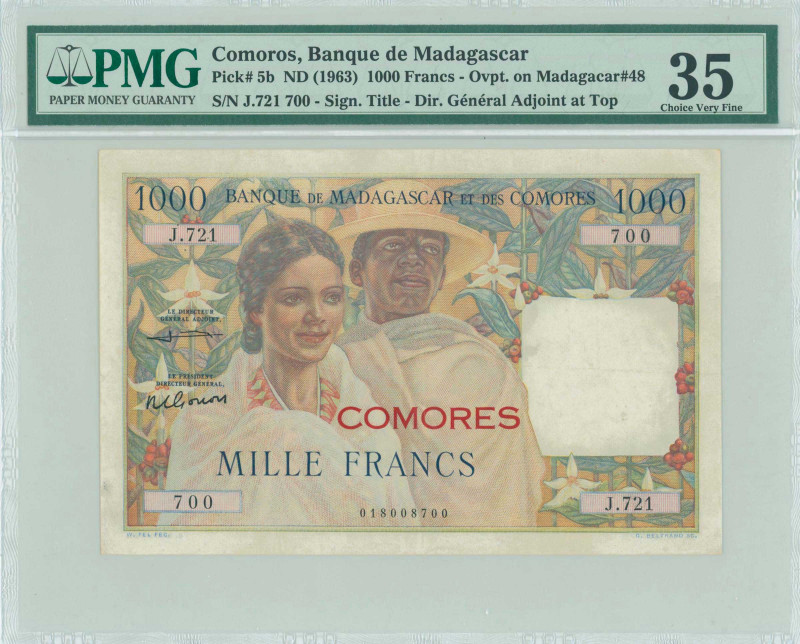 COMOROS: 1000 Francs (ND 1963) in multicolor with woman and man at left center. ...