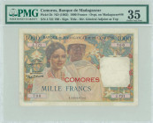 COMOROS: 1000 Francs (ND 1963) in multicolor with woman and man at left center. S/N: "J.721 700". Red ovpt "COMORES" on Madagascar #48. Signature titl...