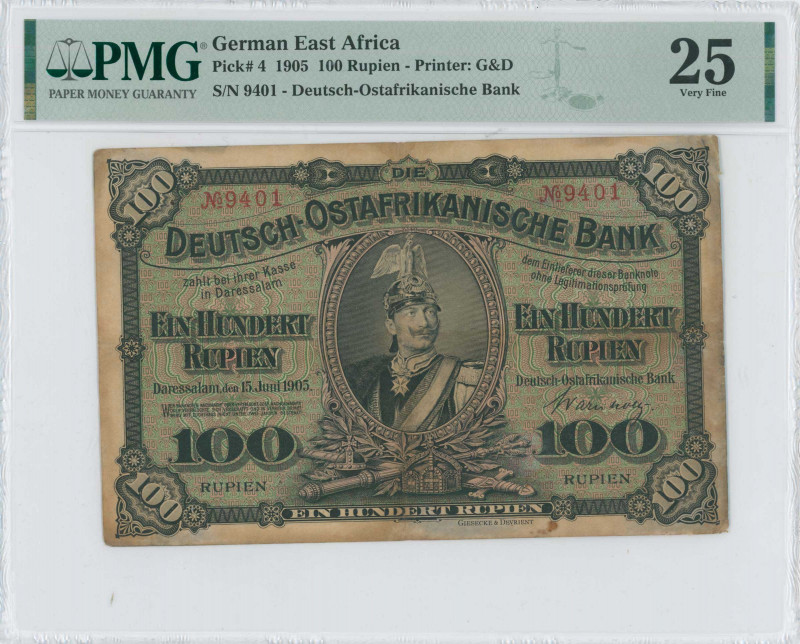 GERMAN EAST AFRICA: 100 Rupien (15.6.1905) in black on green unpt with portrait ...