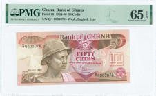 GHANA: 50 Cedis (15.7.1986) in brown, violet and multicolor with boy with hat at center left. S/N: "Q/1 6003076". WMK: Eagle head above star. Printed ...