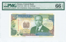 KENYA: 10 Shillings (1.7.1993) in dark green, dark blue and brown on multicolor unpt with President Daniel Toroitich Arap Moi at right center. S/N: "A...