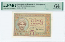 MADAGASCAR: 5 Francs (ND 1937) in red-brown on blue and green unpt with Goddess Juno at left. S/N: "R.1475 790". Printed in Paris. Inside holder by PM...