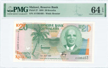 MALAWI: 20 Kwacha (1.7.1993) in green, orange and blue on multicolor unpt with portrait of President Dr Hastings Kamuzu Banda at right. S/N: "AV 38540...