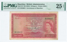MAURITIUS: 10 Rupees (ND 1954) in red on multicolor unpt with portrait of Queen Elizabeth II at right. S/N: "D528655". WMK: Stylized sailing ship. Pri...