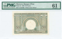 MOROCCO: 50 Francs (2.12.1949) in green, blue and sepia with Arch at center. S/N: "Y.6 55796". WMK: Lions head. Inside holder by PMG "Uncirculated 61 ...