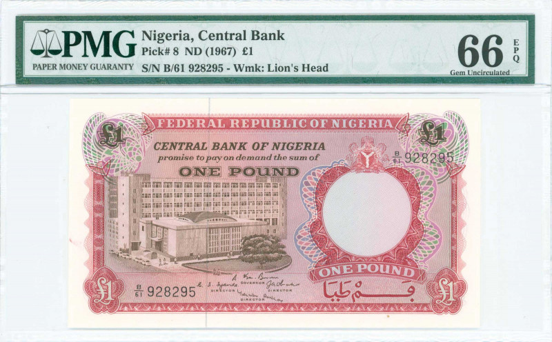 NIGERIA: 1 Pound (ND 1967) in red and dark brown with bank building at left. S/N...