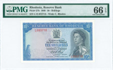 RHODESIA: 10 Shillings (10.9.1968) in blue on multicolor unpt with black portrait of Queen Elizabeth II at right and Arms at upper center. Red S/N: "L...