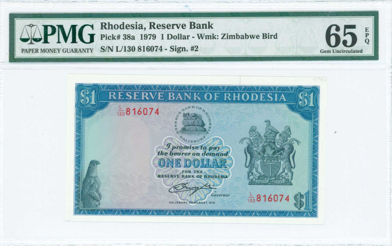 RHODESIA: 1 Dollar (2.8.1979) in blue on multicolor unpt with Arms at right. S/N...
