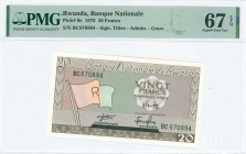 RWANDA: 20 Francs (1.1.1976) in brown on multicolor unpt with flag of Rwanda at left. Various date and signature title varieties. S/N: "BC670894". Pri...